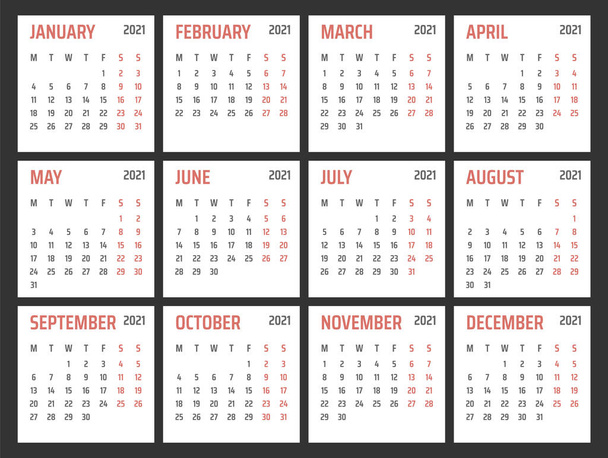 calendar for 2021 starts monday, vector calendar design 2021 year - Вектор, зображення