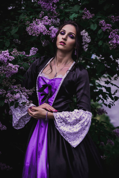 Señora en vestido barroco negro y púrpura - Foto, imagen