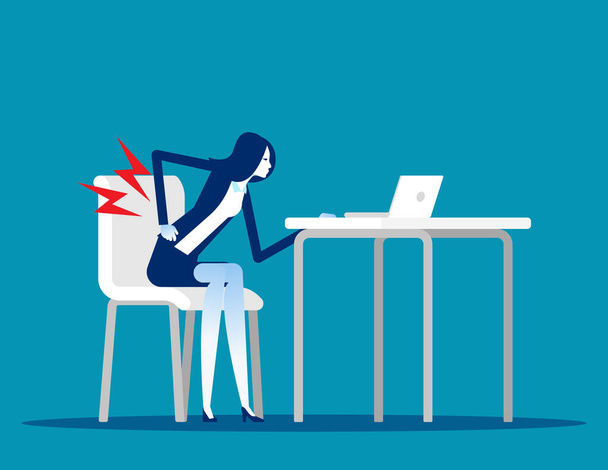 Donna d'affari con mal di schiena dal modo sbagliato di sedersi al lavoro - Vettoriali, immagini