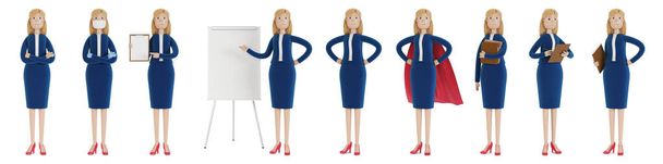 Personaggio donna d'affari in pose diverse. Una donna in abiti da lavoro, un'impiegata dell'azienda. Illustrazione 3D in stile cartone animato. - Foto, immagini