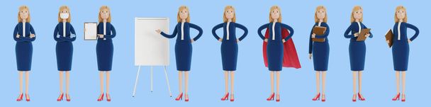 Geschäftsfrau in verschiedenen Posen. Eine Frau in Businesskleidung, eine Firmenmitarbeiterin. 3D Illustration im Cartoon-Stil. - Foto, Bild