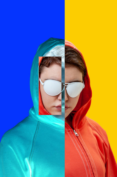 Art collage with alternative funky girl on bright blue yellow background. Close up fashion portrait young beautiful woman in hoodie and white glasses. Unusual youth fashion concept - Photo, Image
