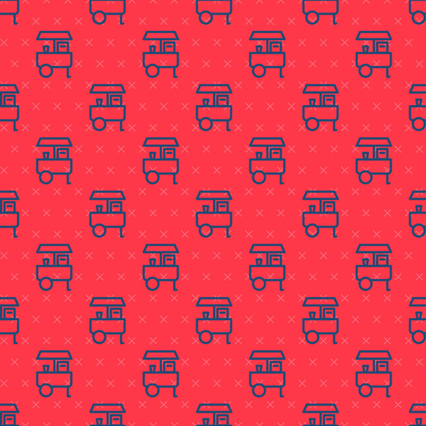Línea azul Fast street food cart icono aislado patrón sin costuras sobre fondo rojo. Quiosco urbano. Vector - Vector, Imagen