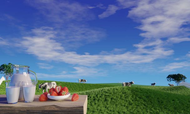 Leche fresca en vaso transparente y jarra de leche en el suelo de corteza de árbol. Vacas de pastizales verdes brillantes están caminando libremente y disfrutando de comer hierba. Cielo azul claro con nubes blancas. Renderizado 3D - Foto, Imagen