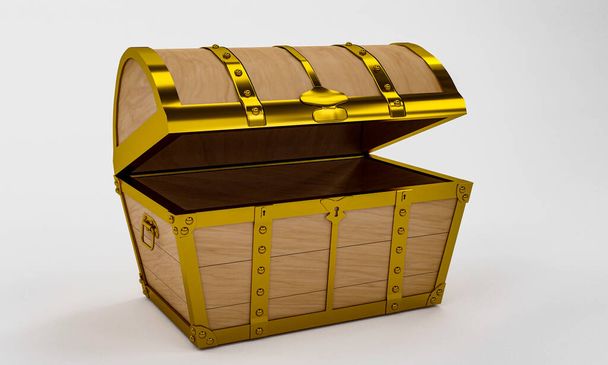 Antiguo cofre del tesoro está hecho de madera de oro y placas de metal con alfileres de oro. Cofre del tesoro con cerradura. Materiales de Plank y metal dorado. Fondo y fondo de pantalla blanco. Renderizado 3D - Foto, imagen