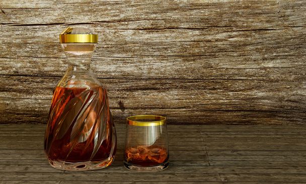 Luxury liquor bottle or whiskey bottle, diamond-shaped lid with a golden stripe, And have a full bottle of drink A clear whiskey glass with liquor in the glass. 3D Rendering. - 写真・画像