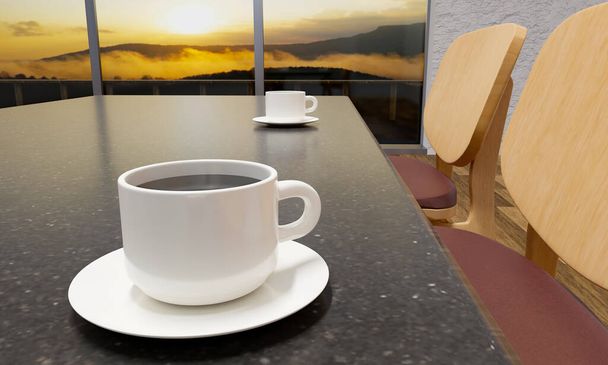 Кофейные кружки на мраморных столах. И в конференц-зале есть деревянный стул. Белые гипсовые стены, стеклянные окна с видом на горы и утренний туман с солнечным светом. 3D рендеринг - Фото, изображение