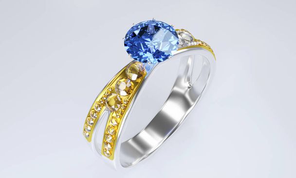 Большой овальный голубой бриллиант окружен множеством бриллиантов на кольце из платинового золота, расположенного на белом фоне. 3d-рендеринг - Фото, изображение