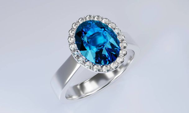 Большой овальный голубой бриллиант окружен множеством бриллиантов на кольце из платинового золота, расположенного на белом фоне. 3d-рендеринг - Фото, изображение
