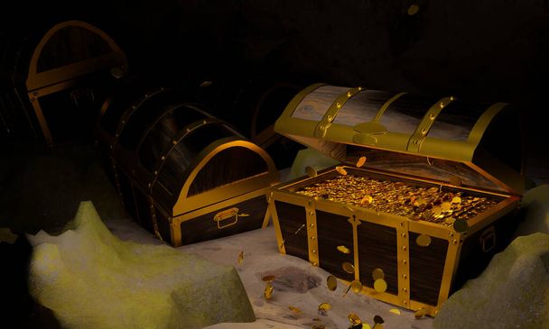 Monedas de oro en el cofre del tesoro antiguo y vintage hecho de paneles de madera Reforzado con metal dorado y alfileres de oro Cajas del tesoro colocadas en la arena en una cueva o cofre del tesoro bajo el agua. Renderizado 3d - Foto, imagen