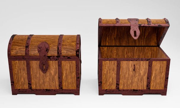 Stará dřevěná truhla na poklady má rezavý kovový rám. Hnědá dřevěná krabice s kovovým rámem a rezavými železnými kolíky Umístěte na bílé pozadí. 3D vykreslování - Fotografie, Obrázek