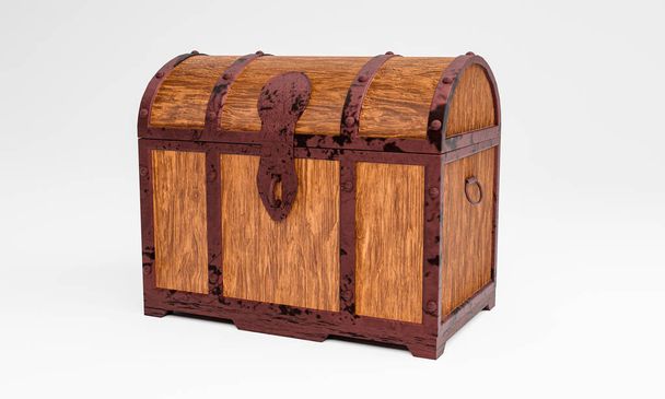 De oude houten schatkist heeft een roestig metalen frame. Bruine houten doos met metalen frame En roestige ijzeren pinnen Plaats op een witte achtergrond. 3D-weergave - Foto, afbeelding