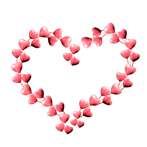 Conjunto de corazón grande hecho de corazones rosados aislados sobre fondo blanco y espacio de copia. Día de San Valentín o adorno del día de la madre es colorido Tones.Flat lay. - Foto, Imagen