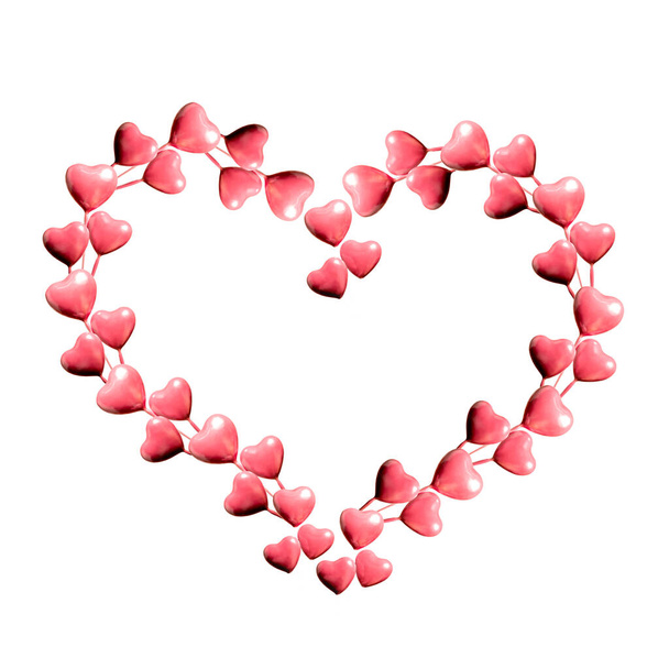 Zestaw dużych serc wykonanych z różowych serc odizolowanych na białym tle i przestrzeni kopiującej. Walentynki lub Dzień Matki ozdobą są kolorowe Tony.. - Zdjęcie, obraz