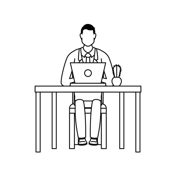 κομψός επιχειρηματίας που εργάζεται σε φορητό υπολογιστή στη σκηνή στο χώρο εργασίας - Διάνυσμα, εικόνα