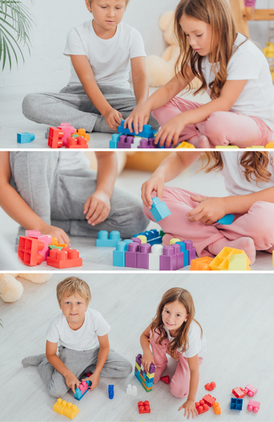 collage of brother and sister playing with building blocks while sitting on floor in pajamas - Foto, Imagen