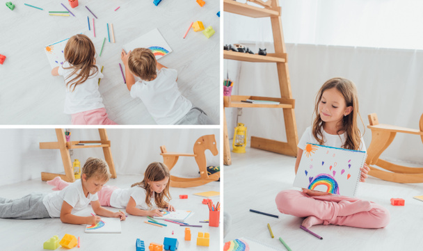 collage of siblings drawing with felt pens near building blocks, and girl showing drawing while sitting on floor - Photo, Image