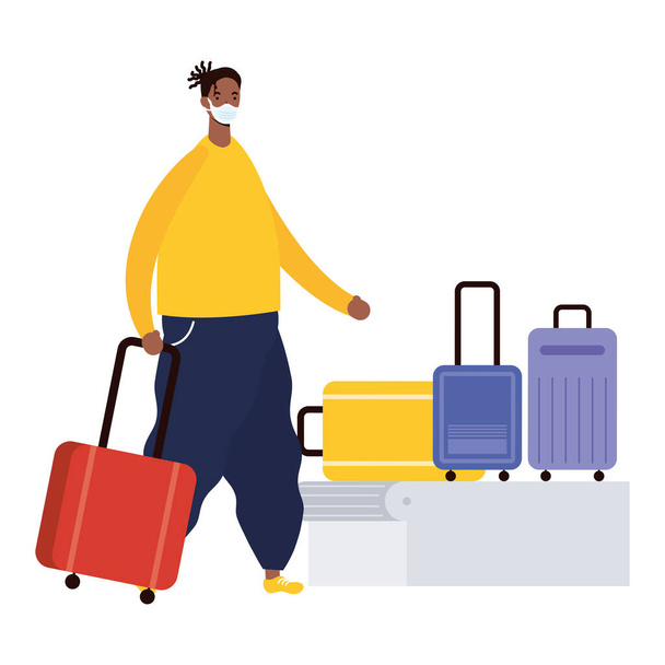 afro young man wearing medical mask with suitcases in transport band - Vector, Image