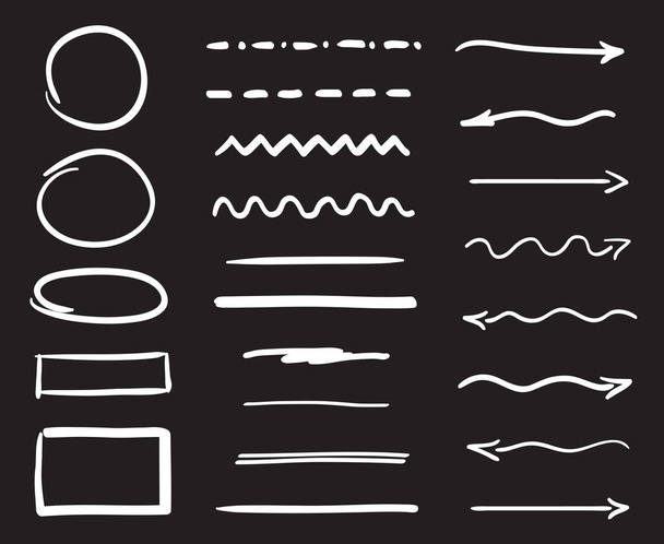Elementi infografici bianchi su fondo nero isolato. Elementi disegnati a mano. Illustrazione in bianco e nero - Vettoriali, immagini
