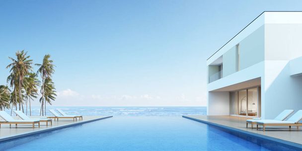 海の背景にスイミングプールと近代的な家のパースペクティブ、外観。3Dレンダリング - 写真・画像