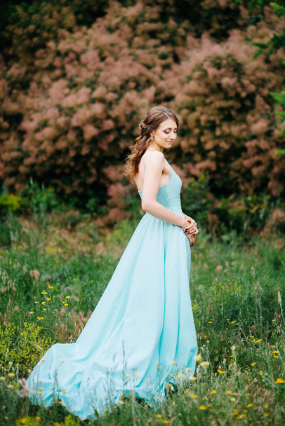 Happy girl in a turquoise long dress in a green park on a background of herbs, trees and rose bushes - Φωτογραφία, εικόνα