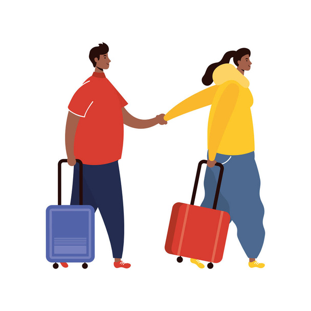 interraciale paar reizigers met koffers avatars personages - Vector, afbeelding