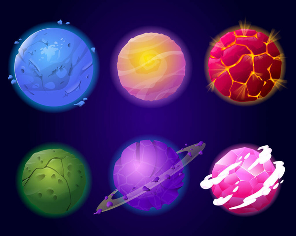 Conjunto de seis planetas de dibujos animados sobre fondo espacial - Vector, Imagen