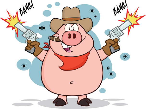 Carácter de cerdo vaquero disparando con dos armas
 - Foto, Imagen