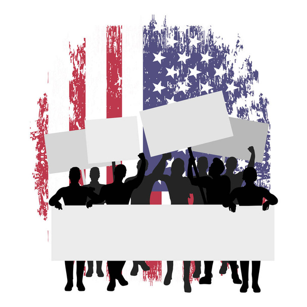 Σιλουέτα των ανθρώπων του πλήθους σε φόντο σημαία ΗΠΑ. Διαμαρτυρίες, επανάσταση - Διάνυσμα, εικόνα