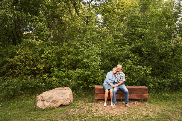 Elderly couple in love are sitting on a bench in the park, smiling and hugging against a background of green trees - Photo, Image