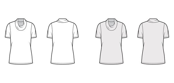 Maglia a collo alto Cowl jersey illustrazione tecnica di moda con maniche corte, corpo oversize, lunghezza della tunica.  - Vettoriali, immagini