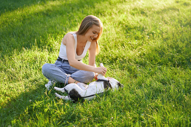 Laughing woman having fun with french bulldog on grass. - Zdjęcie, obraz