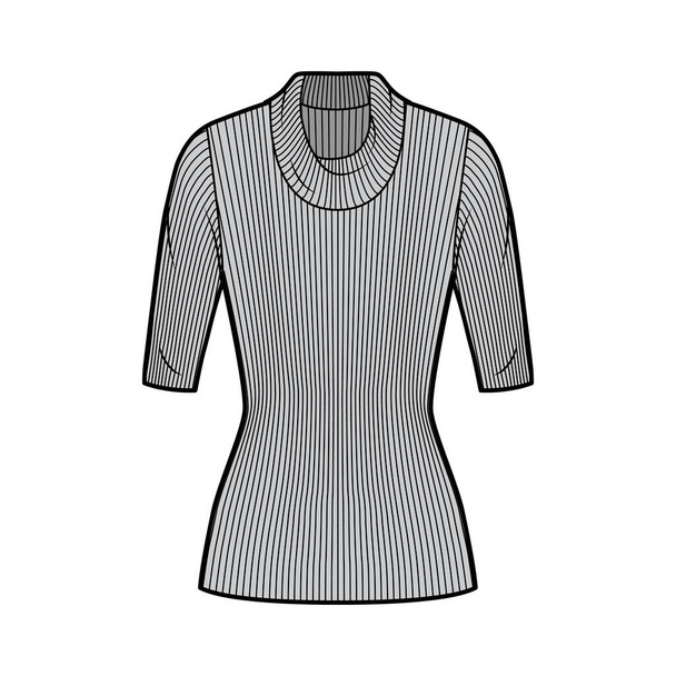 Žebrovaný rolák s kapucí pletený svetr technické módní ilustrace s lokty rukávy, těsně padnoucí tvar, délka tuniky - Vektor, obrázek