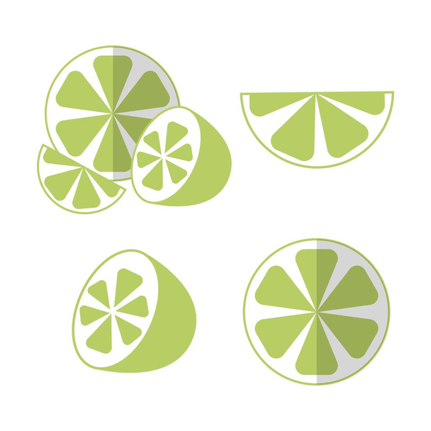 Lime set halved and sliced pieces in flat style with shadow. Isolated vector illustration. - Vector, Image