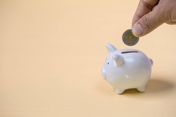 Close up female hand putting coin into piggy bank, save money for future - Photo, Image