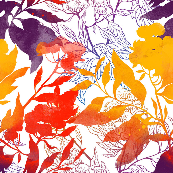 Wiesenblumen nahtloses Muster. Digitale Linien handgezeichnetes Bild mit aquarellierter Textur, Flecken und Spritzern. Gemischte Medienkunst. Endloses Motiv für textile Dekoration und botanisches Design - Foto, Bild