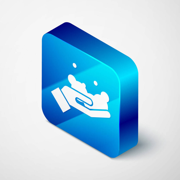 Isometric Washing hands with soap icon isolated on grey background. Washing hands with soap to prevent virus and bacteria. Blue square button. Vector. - Вектор, зображення