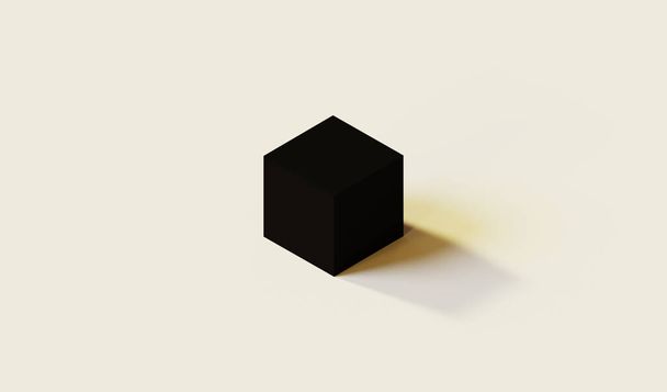 Isometrische zwarte kubus op een lichte achtergrond, 3D rendering behang, illustratie van geïdealiseerde fysieke lichaam dat alle incident elektromagnetische straling absorbeert - Foto, afbeelding