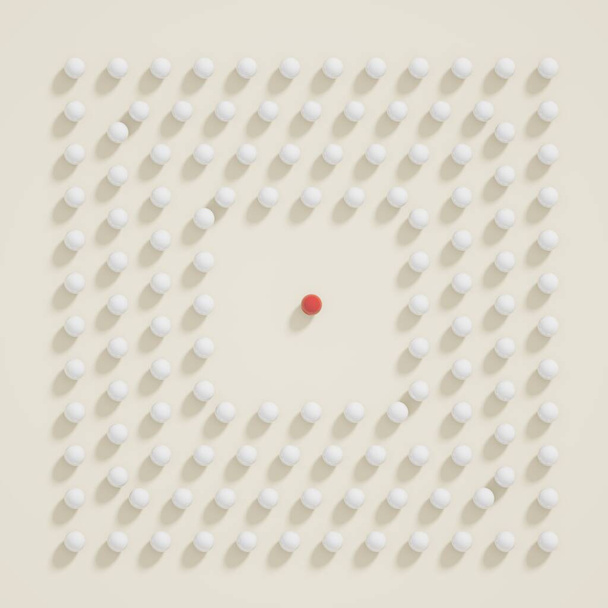 Concepto de distancia social con bolas y esferas situadas a cierta distancia ilustración 3D renderizada - Foto, Imagen