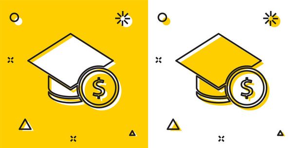 Černá Graduation čepice a ikona mince izolované na žlutém a bílém pozadí. Vzdělání a peníze. Pojem stipendijní náklady nebo půjčka, školné nebo studijní poplatek. Náhodné dynamické tvary. Vektor. - Vektor, obrázek