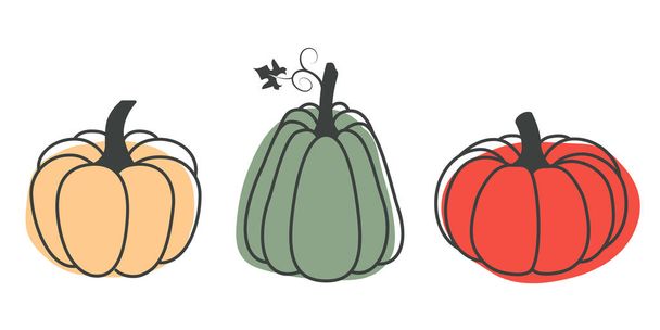 Eine helle Illustration von Kürbissen im flachen Stil. Niedliches Gemüse ist perfekt für die Dekoration von Herbstferien, Halloween, gesundes Essen, Bürobedarf. - Vektor, Bild