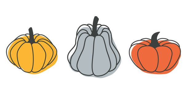 Una brillante ilustración de calabazas en un estilo plano. Las verduras lindas son perfectas para decorar vacaciones de otoño, Halloween, comida saludable, suministros de oficina. - Vector, imagen