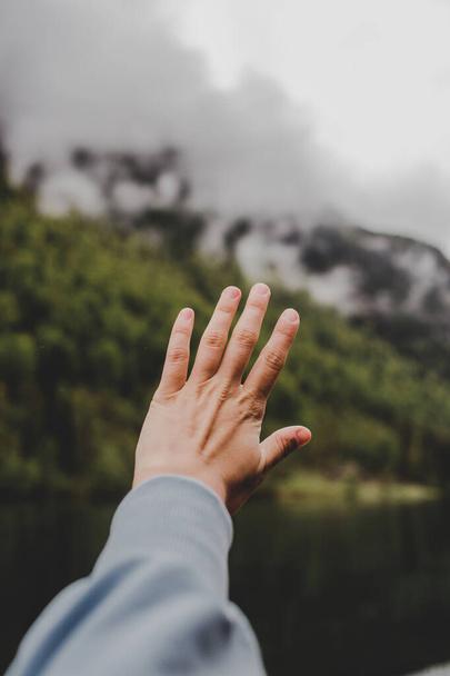 Palm of hand on background of lake, green forest, mountain & grey clouds. Vertical wallpaper - Foto, Bild