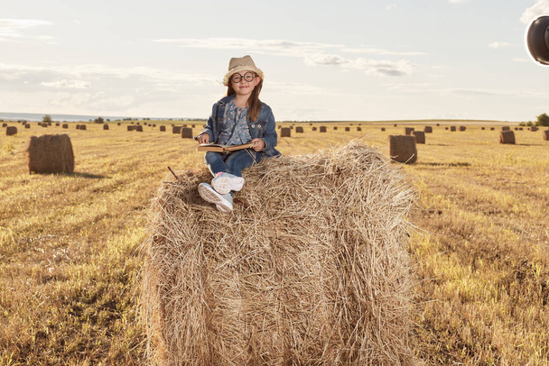 Чтение девушка сидит над стога сена рулон на поле в сельской местности - Фото, изображение