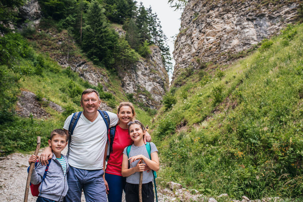 Portrait of smiling parents and their two young children standing together on a rugged trail during a family hike - Foto, immagini