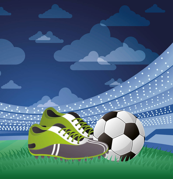 voetbal sport ballon voetbal met schoenen apparatuur en trofee - Vector, afbeelding