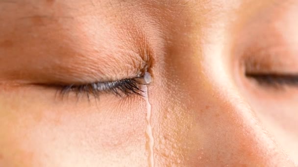 close-up van aziatische vrouw huilen met traan en weinig sproeten op haar mooi gezicht. - Video