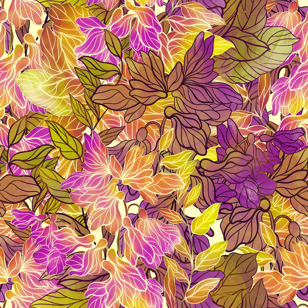 Meadow virágok zökkenőmentes minta. Digitális vonalak kézzel rajzolt kép akvarell textúra, foltok és fröccsenések. Vegyes médiaművészet. Végtelen motívum textildekorációhoz és botanikai tervezéshez - Fotó, kép