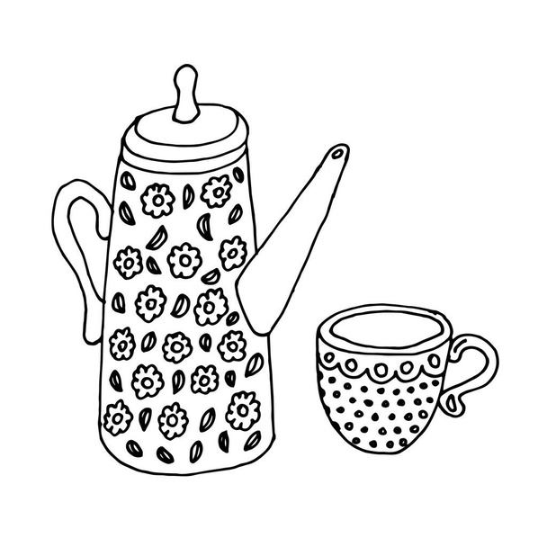 Coloring teapot and cups with abstract patterns. - Wektor, obraz