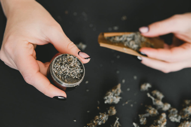 Cannabis use concept. Close up of marijuana blunt with grinder. Rolling a marijuana joint. Preparing and rolling marijuana cannabis joint. - 写真・画像